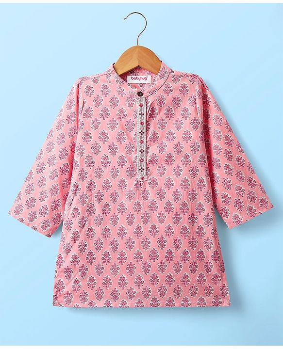 Babyhug Cotton Woven Full Sleeves Kurta Dhoti Set With Floral Print - Pink
