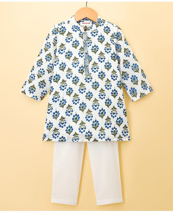 Babyhug Cotton Woven Full Sleeves Kurta & Pyjama Set With Floral Print - White