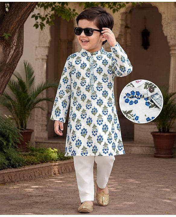 Babyhug Cotton Woven Full Sleeves Kurta & Pyjama Set With Floral Print - White