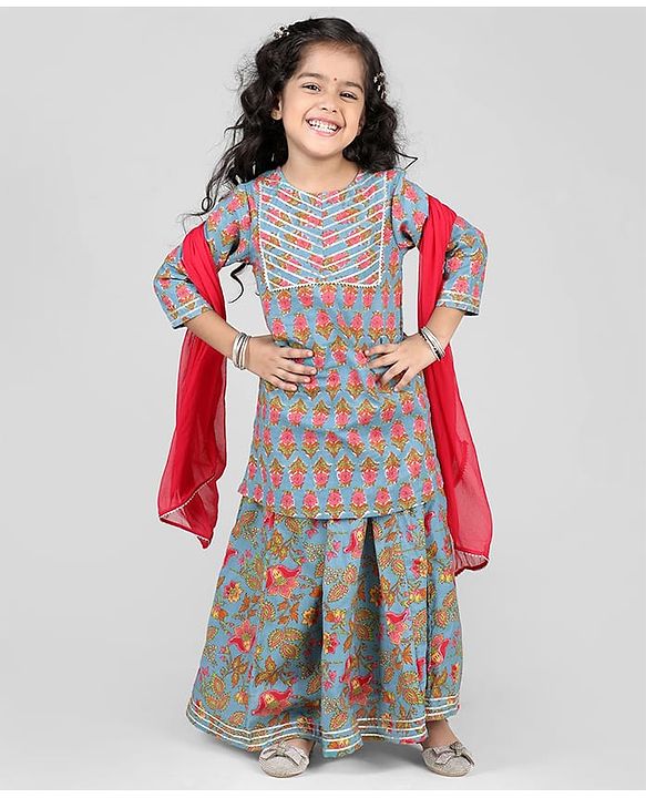 Babyhug Cotton Woven Three Fourth Sleeves Floral Printed Kurti Lehenga Set with Dupatta - Light Blue