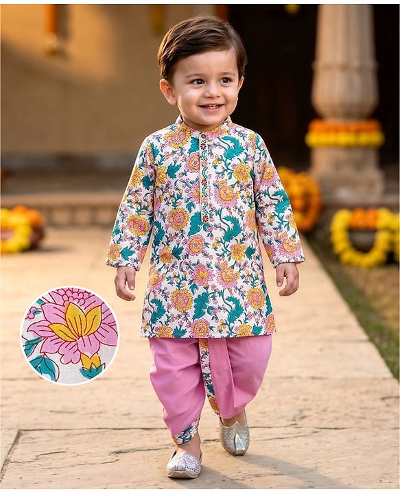 Babyhug Cambric Woven Full Sleeves Kurta Dhoti Set With Floral Print - Pink