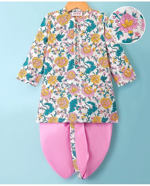 Babyhug Cambric Woven Full Sleeves Kurta Dhoti Set With Floral Print - Pink