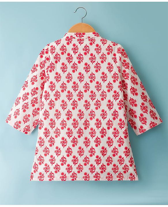 Babyhug Cotton Woven Full Sleeves Cambric Printed Kurta Dhoti Set with Digital Floral Print - White & Pink