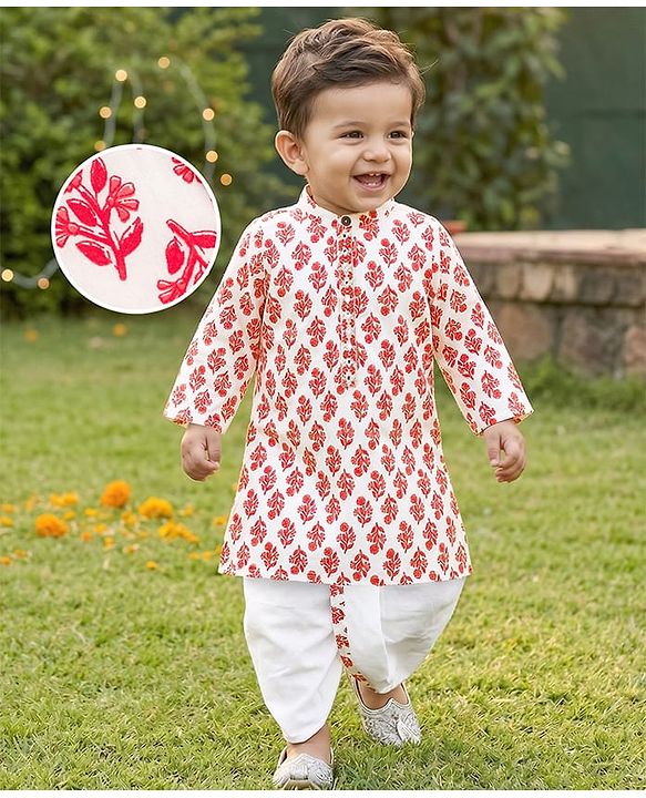 Babyhug Cotton Woven Full Sleeves Cambric Printed Kurta Dhoti Set with Digital Floral Print - White & Pink