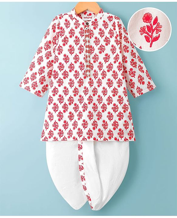 Babyhug Cotton Woven Full Sleeves Cambric Printed Kurta Dhoti Set with Digital Floral Print - White & Pink