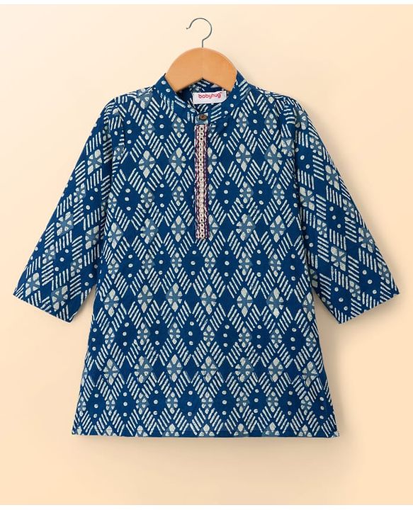 Babyhug Cotton Woven Full Sleeves Cambric Digital Printed Kurta Dhoti Set - Indigo