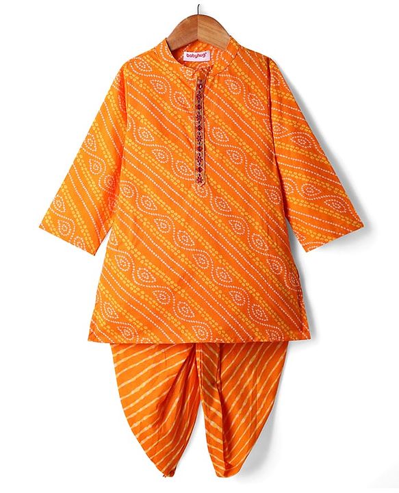 Babyhug Cambric Woven Full Sleeves Bandhani Printed Kurta With Dhoti Set - Orange