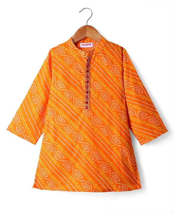 Babyhug Cambric Woven Full Sleeves Bandhani Printed Kurta With Dhoti Set - Orange