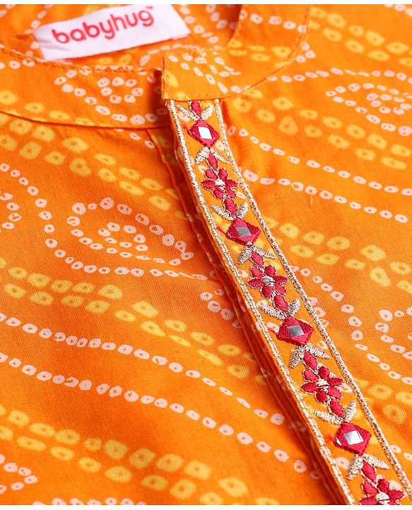 Babyhug Cambric Woven Full Sleeves Bandhani Printed Kurta With Dhoti Set - Orange