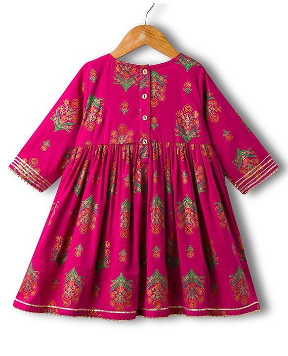 Babyhug Cotton Woven Three Fourth Sleeves Ethnic Dress with Floral Print - Dark Pink