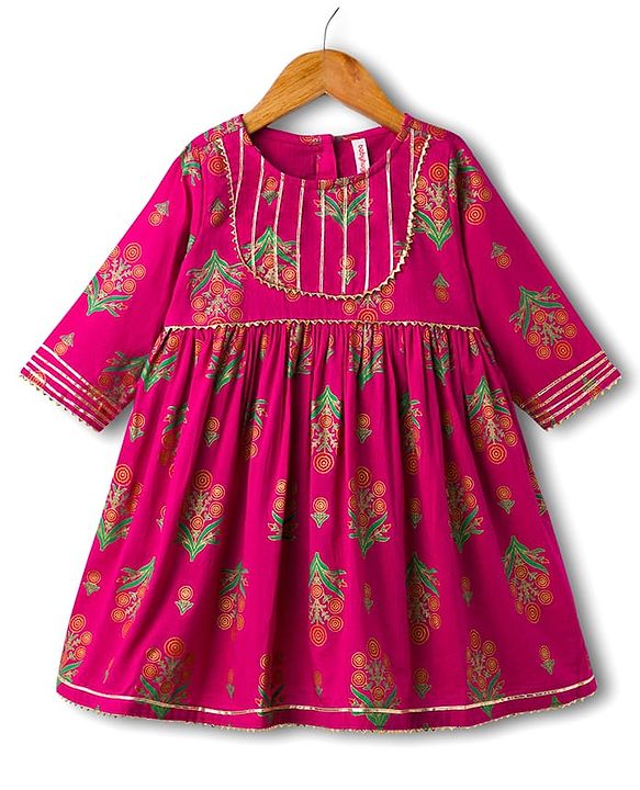 Babyhug Cotton Woven Three Fourth Sleeves Ethnic Dress with Floral Print - Dark Pink