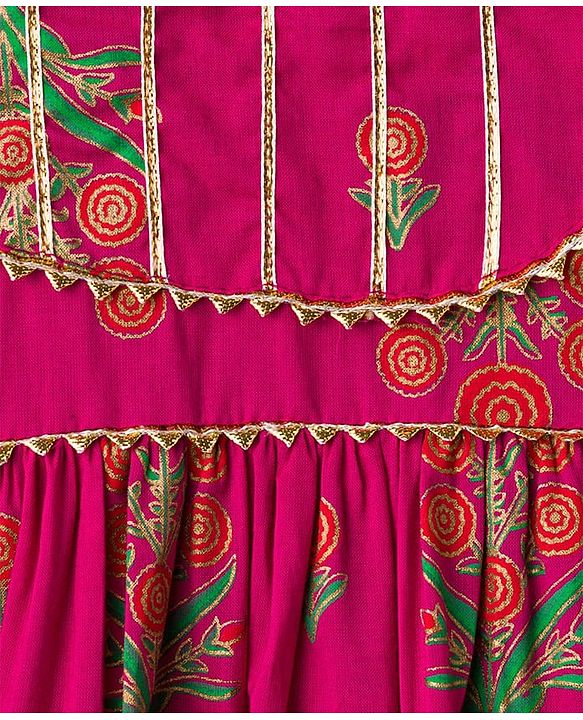 Babyhug Cotton Woven Three Fourth Sleeves Ethnic Dress with Floral Print - Dark Pink