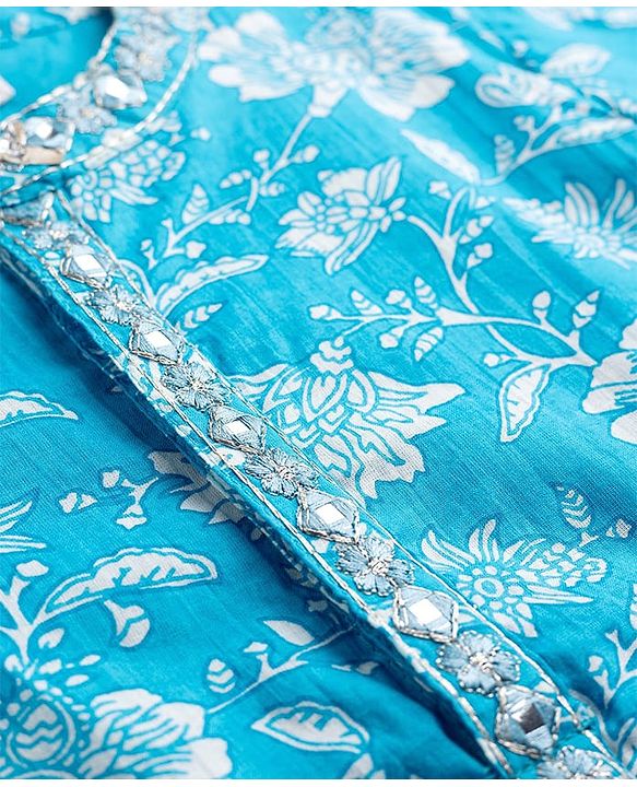 Babyhug Cotton Woven Full Sleeves Kurta & Dhoti Set with Floral Print - Light Blue & White