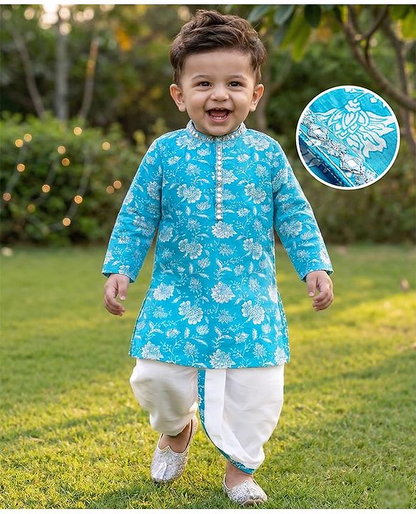 Babyhug Cotton Woven Full Sleeves Kurta & Dhoti Set with Floral Print - Light Blue & White
