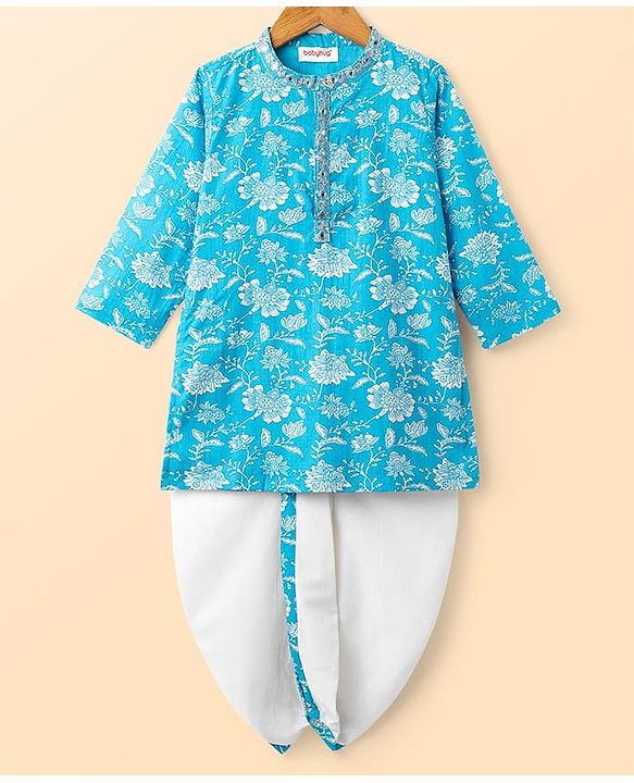 Babyhug Cotton Woven Full Sleeves Kurta & Dhoti Set with Floral Print - Light Blue & White