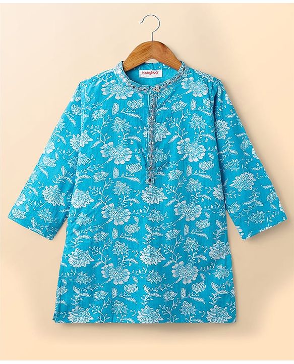 Babyhug Cotton Woven Full Sleeves Kurta & Dhoti Set with Floral Print - Light Blue & White