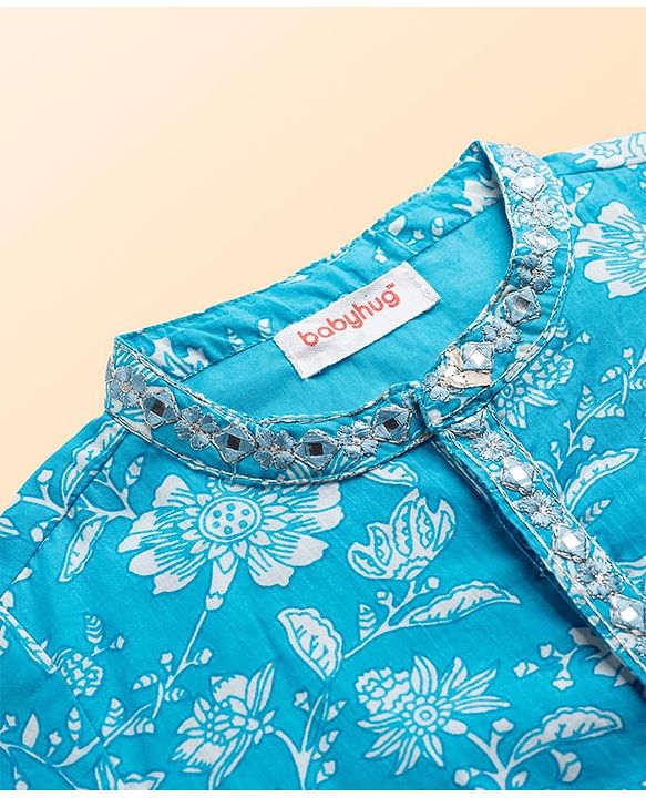 Babyhug Cotton Woven Full Sleeves Kurta & Dhoti Set with Floral Print - Light Blue & White