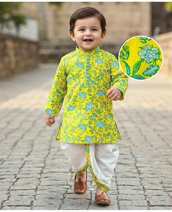 Babyhug Cotton Woven Full Sleeves Kurta Dhoti Set with Floral Print - Yellow