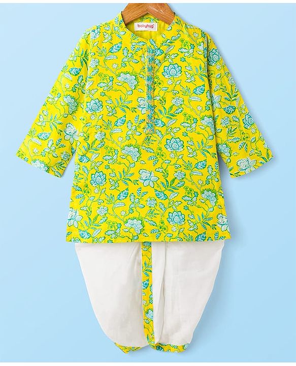 Babyhug Cotton Woven Full Sleeves Kurta Dhoti Set with Floral Print - Yellow