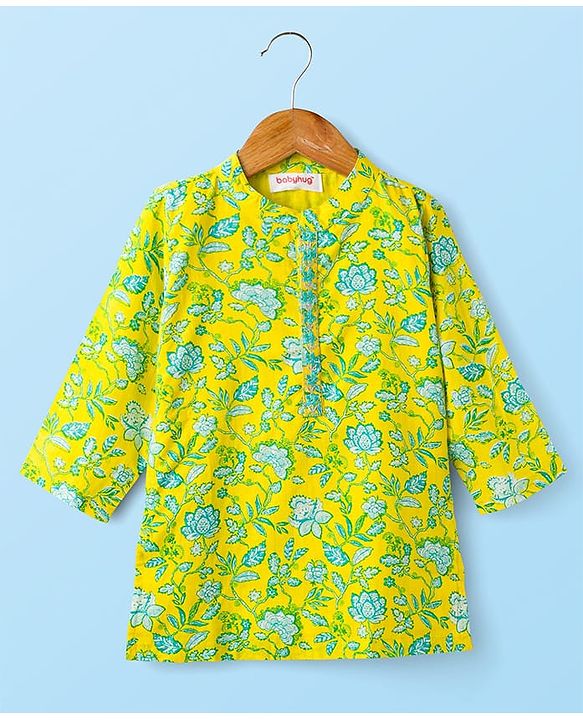 Babyhug Cotton Woven Full Sleeves Kurta Dhoti Set with Floral Print - Yellow