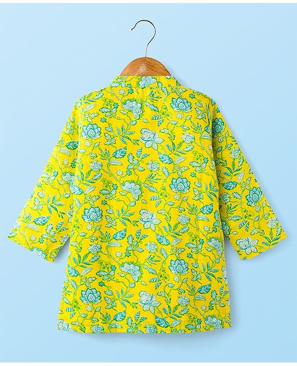 Babyhug Cotton Woven Full Sleeves Kurta Dhoti Set with Floral Print - Yellow