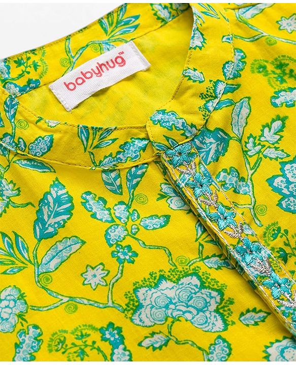 Babyhug Cotton Woven Full Sleeves Kurta Dhoti Set with Floral Print - Yellow