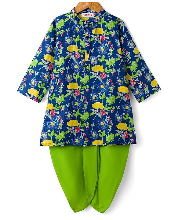 Babyhug Cotton Woven Full Sleeves Kurta Dhoti Set Floral Print - Blue
