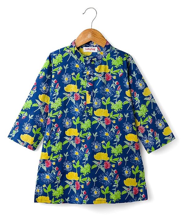 Babyhug Cotton Woven Full Sleeves Kurta Dhoti Set Floral Print - Blue