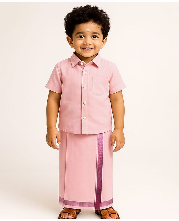 Babyhug Woven Half Sleeves Solid Shirt & Mundu Set - Plum
