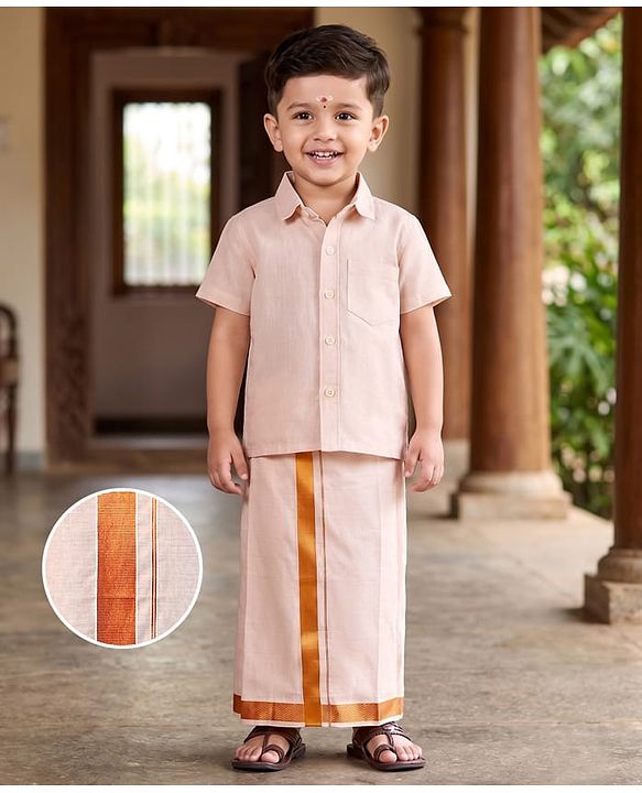 Babyhug Woven Half Sleeves Solid Shirt & Mundu Set - Peach