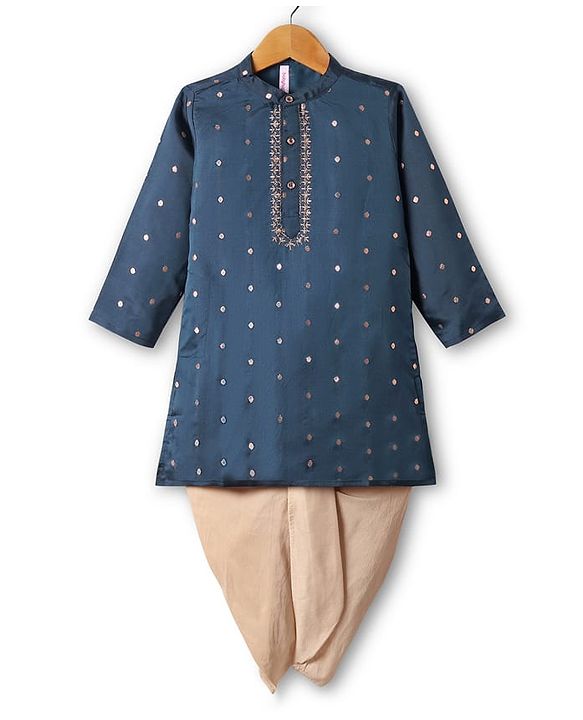 Babyhug Woven Full Sleeves Kurta Dhoti Set With Foil Print - Teal Blue