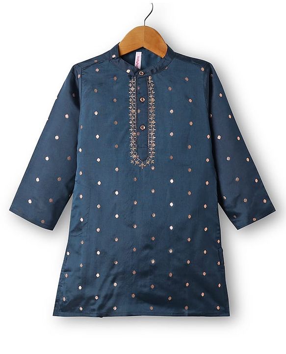 Babyhug Woven Full Sleeves Kurta Dhoti Set With Foil Print - Teal Blue