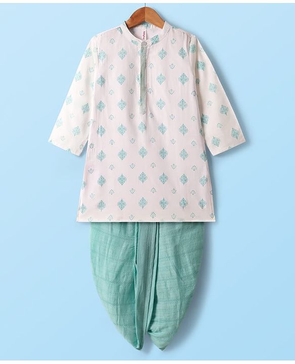 Babyhug Woven Full Sleeves Printed Kurta With Embroidered Dhoti Set - Turquoise & White