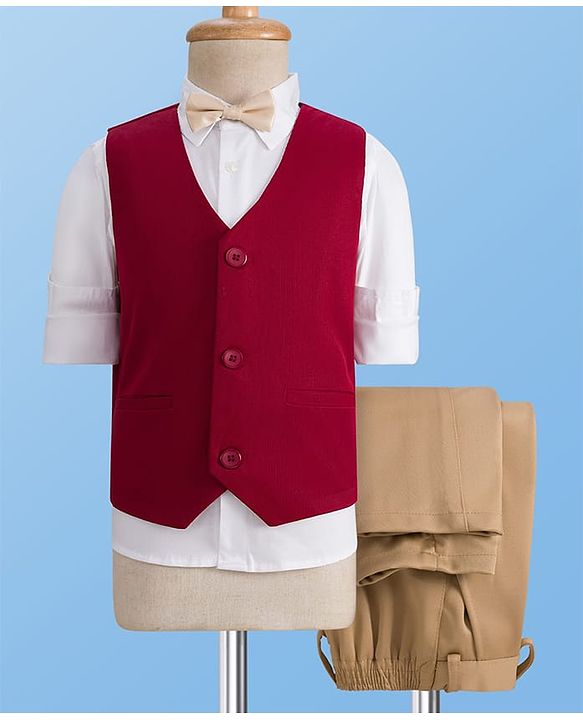 Pine Kids Knit Full Sleeves Three Piece Party Suit Set with Bow - Maroon White & Beige