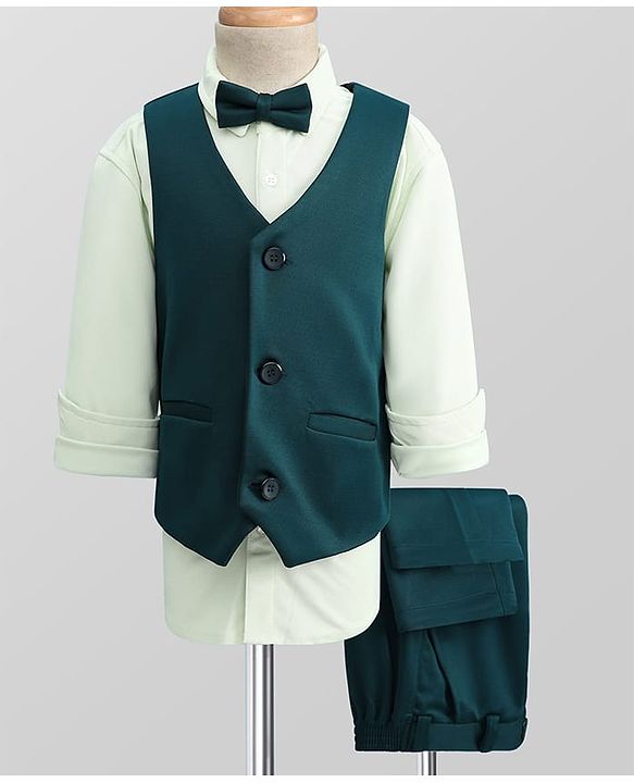 Pine Kids Knit Full Sleeves Solid 3 Piece Party Suit With Bow - Dark Green