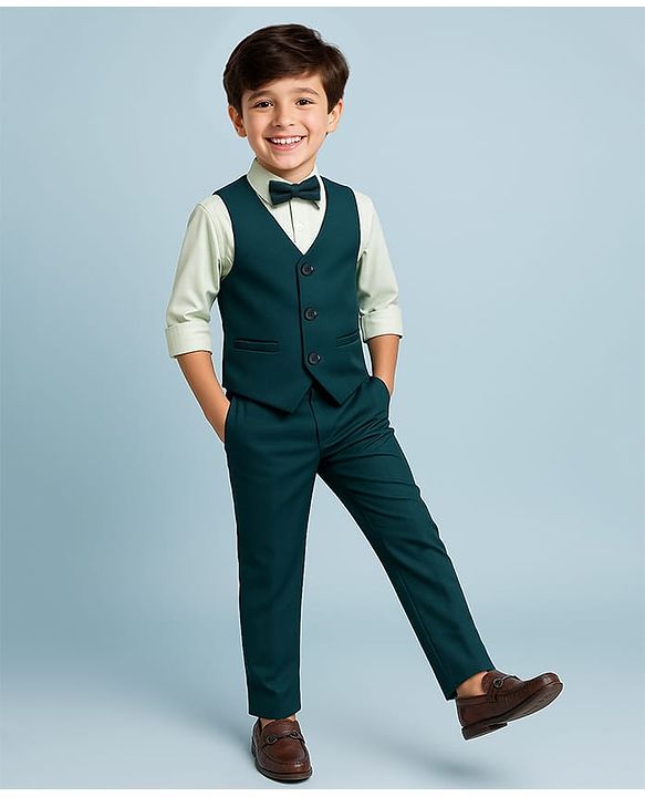 Pine Kids Knit Full Sleeves Solid 3 Piece Party Suit With Bow - Dark Green