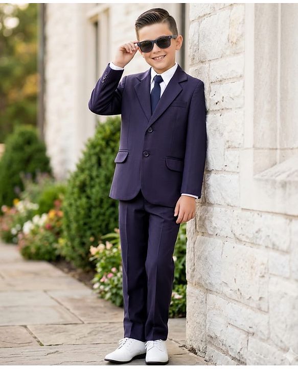 Pine Kids Knit Full Sleeves Solid 3 Piece Party Suit With Bow - Navy Blue