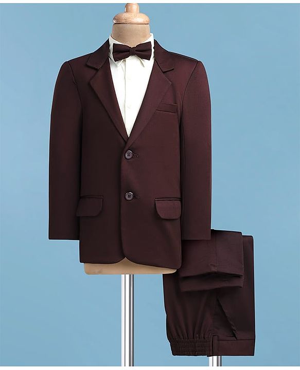 Pine Kids Knit Full Sleeves Solid 3 Piece Party Suit With Bow - Brown & White