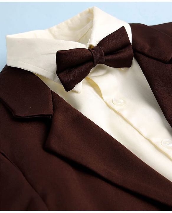Pine Kids Knit Full Sleeves Solid 3 Piece Party Suit With Bow - Brown & White