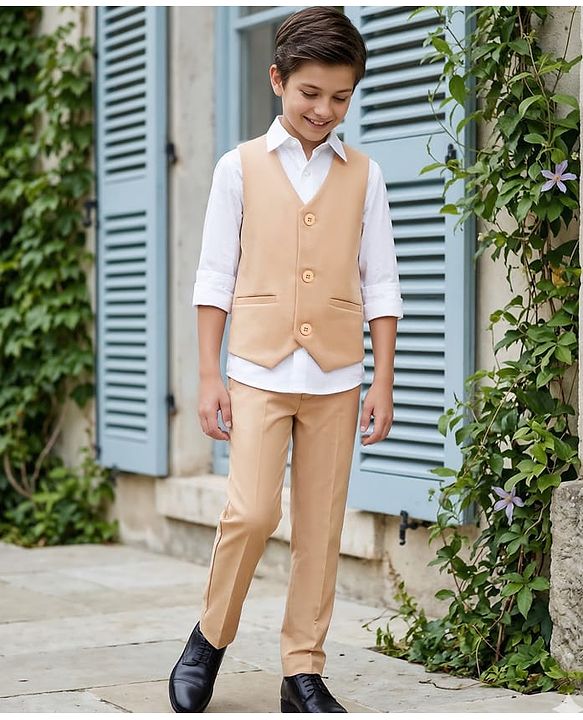 Pine Kids Knit Full Sleeves Solid 3 Piece Party Suit - Beige