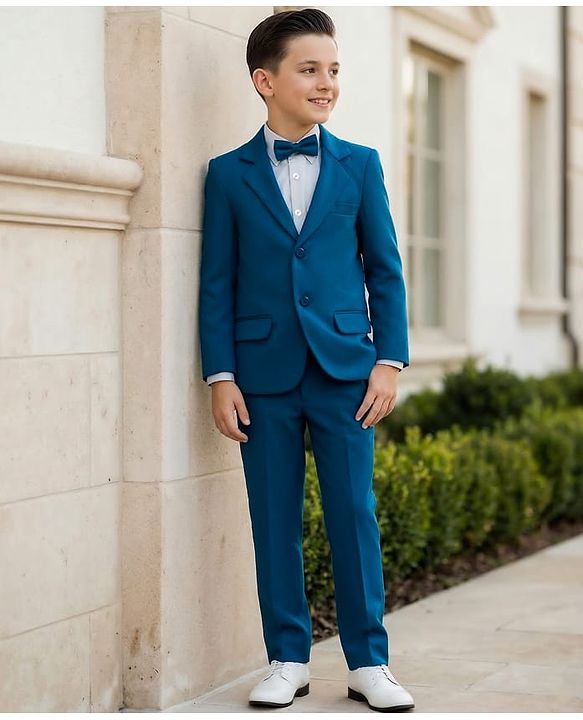 Pine Kids Knit Full Sleeves Solid 3 Piece Party Suit With Bow - Teal Blue