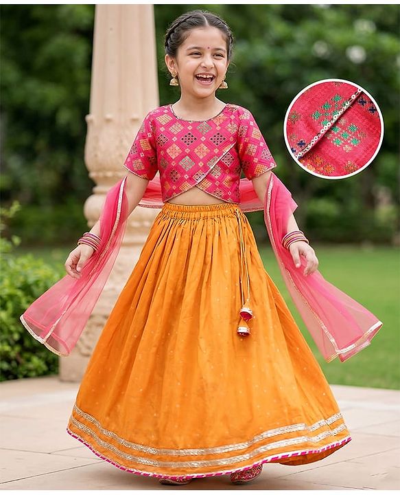 Pine Kids Woven Half Sleeves Choli Lehenga Set with Dupatta & Zari Detailing - Orange