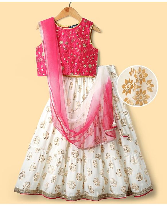 Pine Kids Woven Sleeveless Choli Lehenga Set with Dupatta Floral Glitter Print & Embroidery - Pink