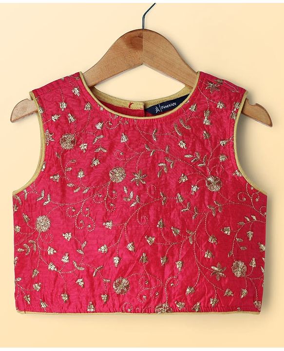 Pine Kids Woven Sleeveless Choli Lehenga Set with Dupatta Floral Glitter Print & Embroidery - Pink