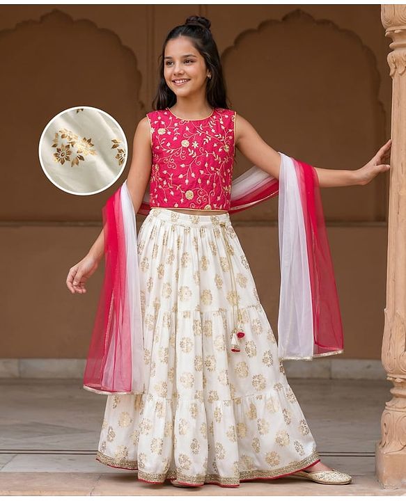 Pine Kids Woven Sleeveless Choli Lehenga Set with Dupatta Floral Glitter Print & Embroidery - Pink