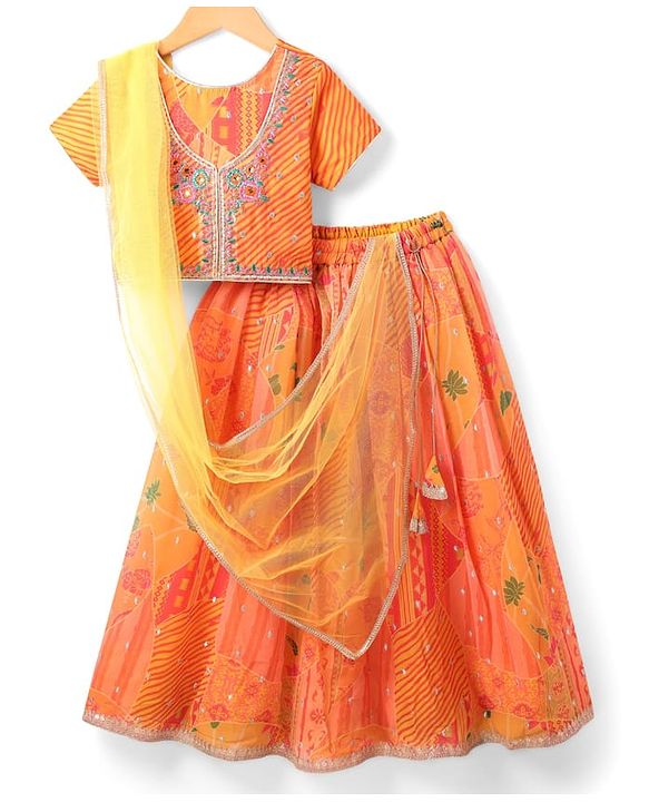 Pine Kids Woven Half Sleeves Striped Choli Lehenga Set with Dupatta Floral Print & Embroidery - Orange