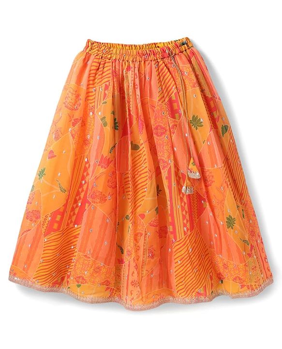 Pine Kids Woven Half Sleeves Striped Choli Lehenga Set with Dupatta Floral Print & Embroidery - Orange