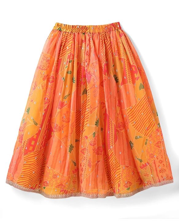 Pine Kids Woven Half Sleeves Striped Choli Lehenga Set with Dupatta Floral Print & Embroidery - Orange