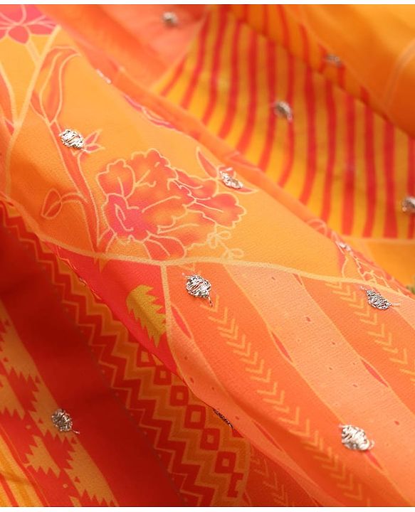 Pine Kids Woven Half Sleeves Striped Choli Lehenga Set with Dupatta Floral Print & Embroidery - Orange