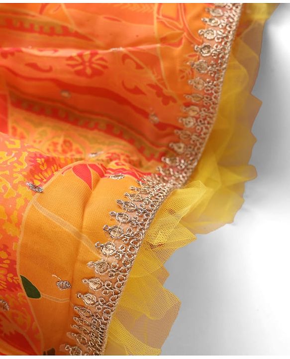 Pine Kids Woven Half Sleeves Striped Choli Lehenga Set with Dupatta Floral Print & Embroidery - Orange